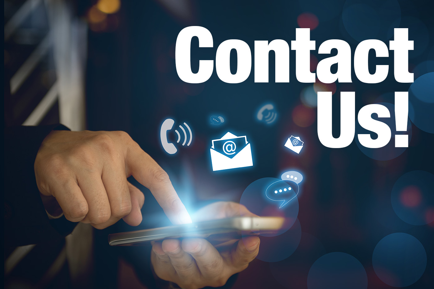 CONTACT US, Hand of a businessman holding a mobile smartphone with the icon. Contact us connection concept with copy space.